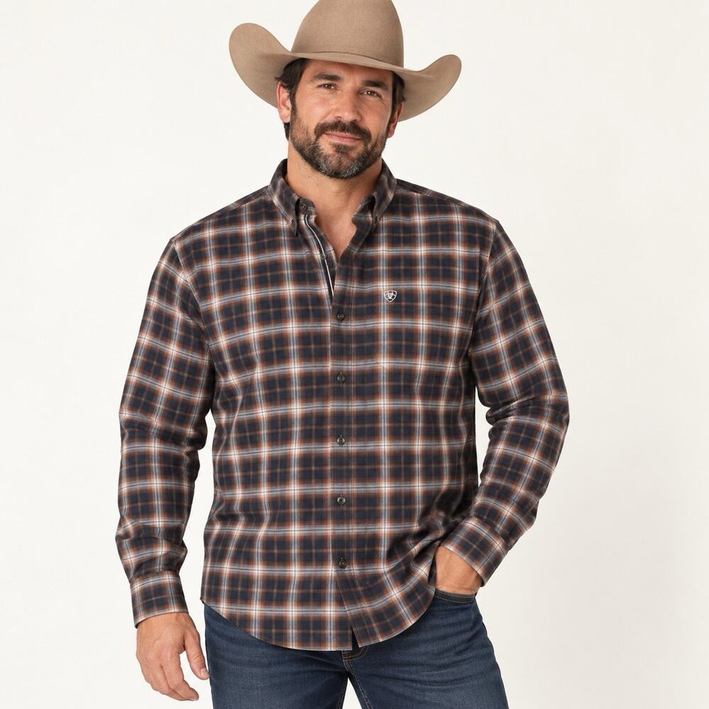 Ariat Pro Series Men’s XL Brown Plaid Stretch Western Button-Down Shirt